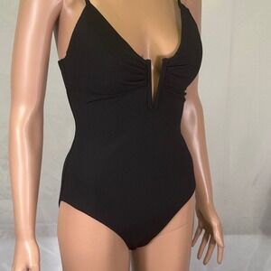 BAR III  One-piece -Black V front  lace up‎ back ribbed texture size small